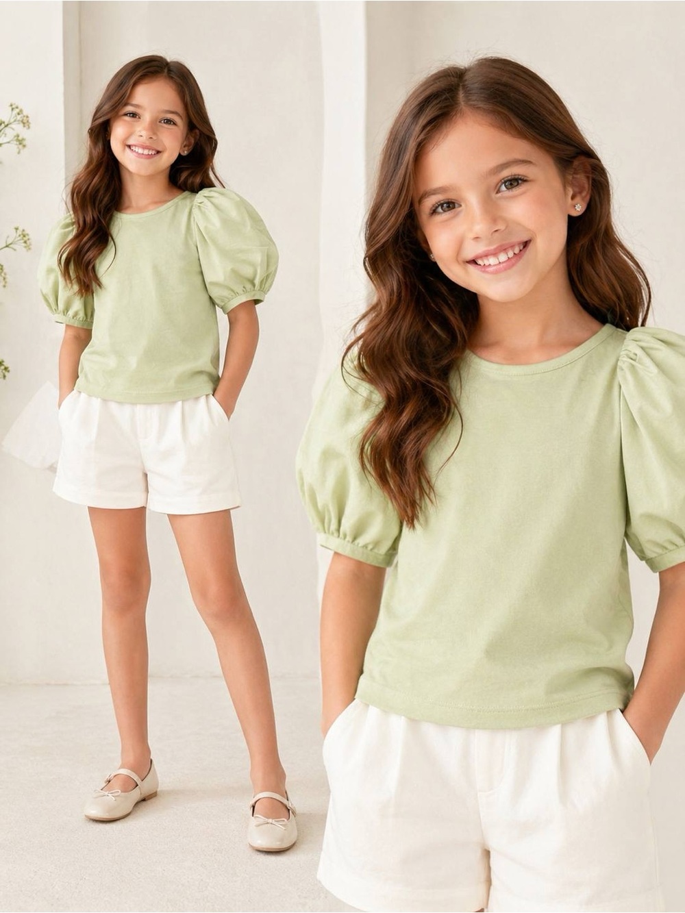A Loves A Girls Top Antique Jade Green Puff Sleeve Cotton Crewneck Size S NWT